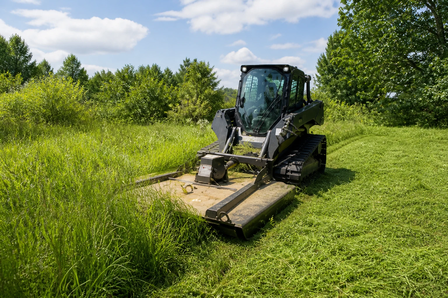 Compact track loader cutting back overgrown grass with a brush cutter