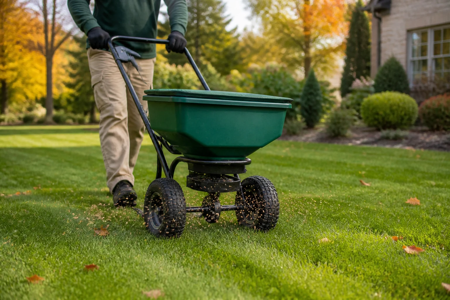 Landscaper broadcasting grass seed across a green early-fall lawn